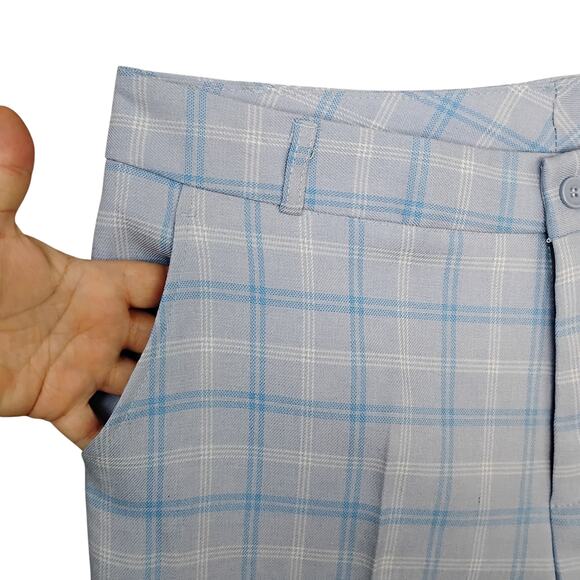 Suit Set Jacket and Pants Size Medium Light Blue Plaid One Button Closure Lined - Picture 10 of 12